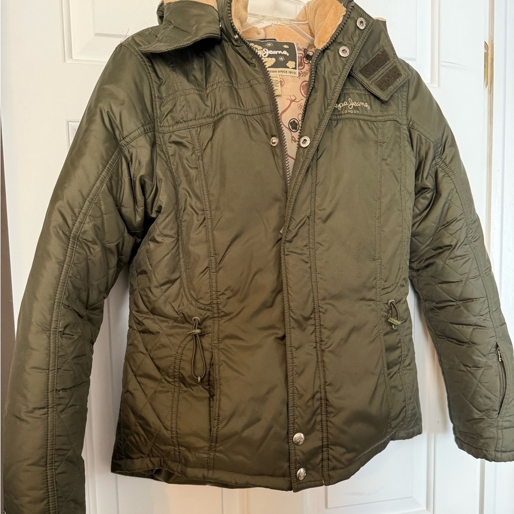 Pepe Jeans London Medium Womans Green Down Feather Hooded Cinched Puffer Jacket